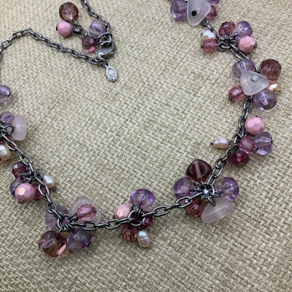 Premier Designs Vintage Purple Pink Beaded Faux Pearl Gunmetal Necklace